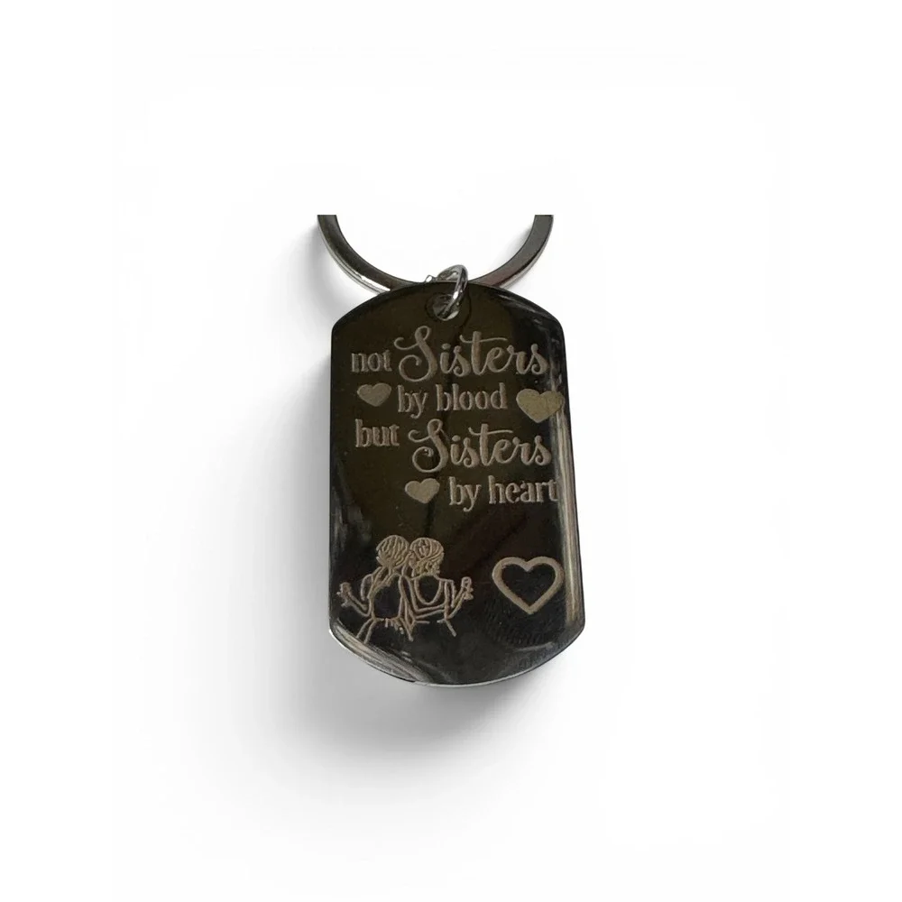 Not Sisters By Blood‎ But Sisters By Heart Dog Tag Keychain Silver Tone Gift